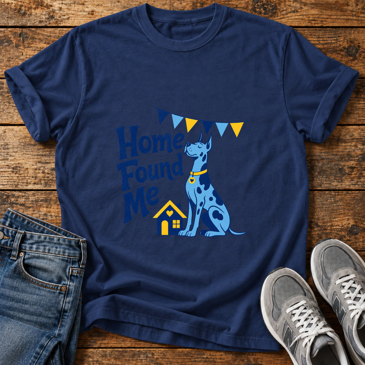 Home Found Me Great Dane graphic T-shirt in Navy, shown on a flat-lay shirt mockup