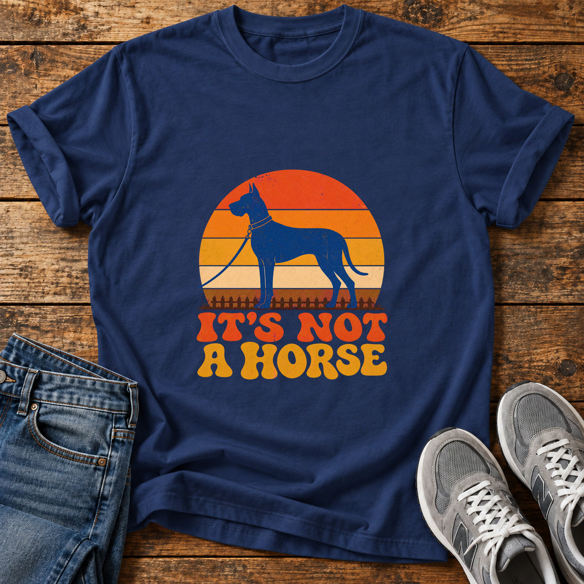 It's Not Horse Great Dane graphic T-shirt in Navy, shown on a flat-lay shirt mockup