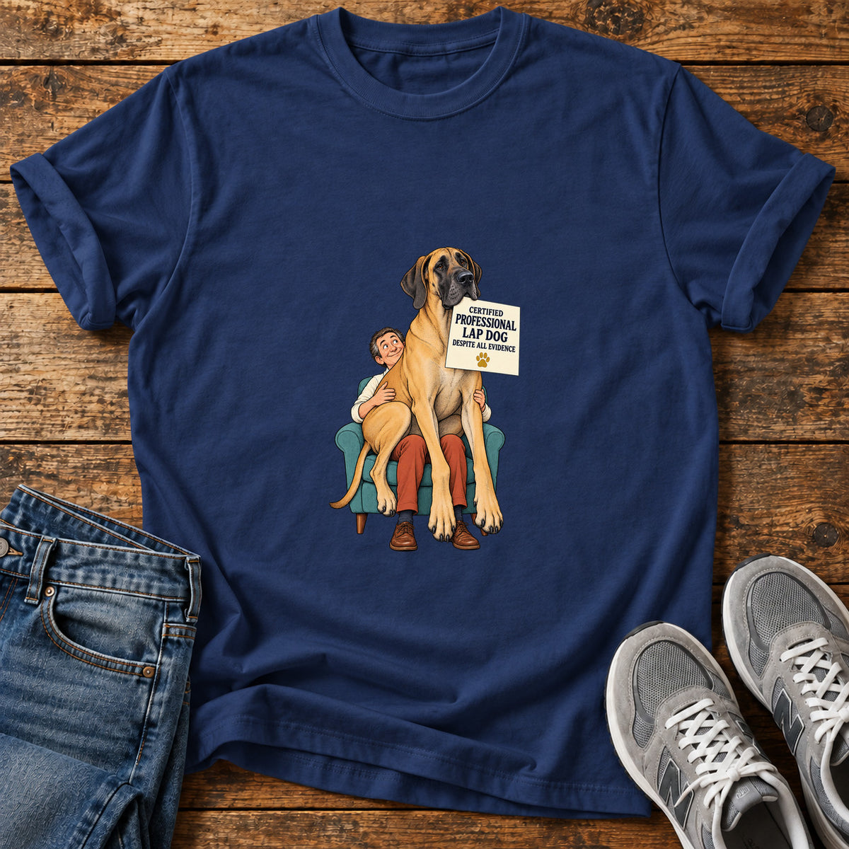 Professional Lap Dog Great Dane graphic T-shirt in Navy, shown on a flat-lay shirt mockup