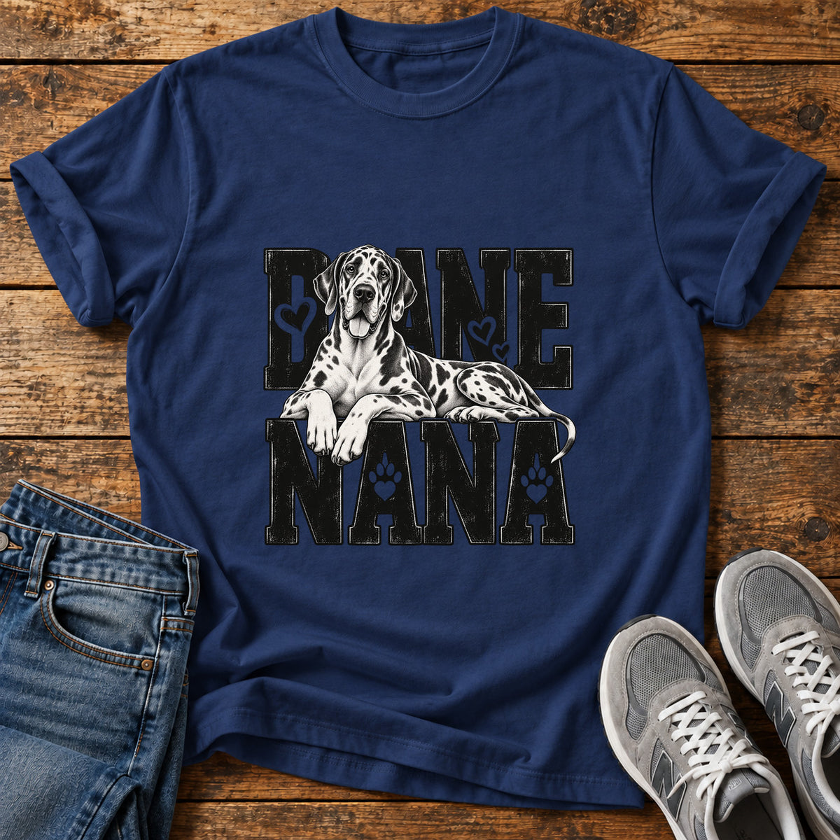 Dane Nana Great Dane graphic T-shirt in Navy, shown on a flat-lay shirt mockup