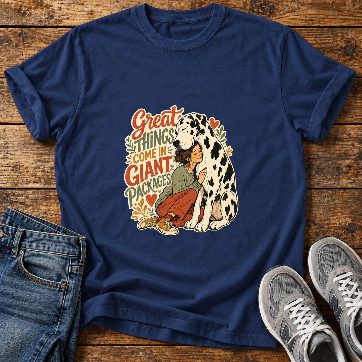 Giant Packages Great Dane graphic T-shirt in Navy, shown on a flat-lay shirt mockup