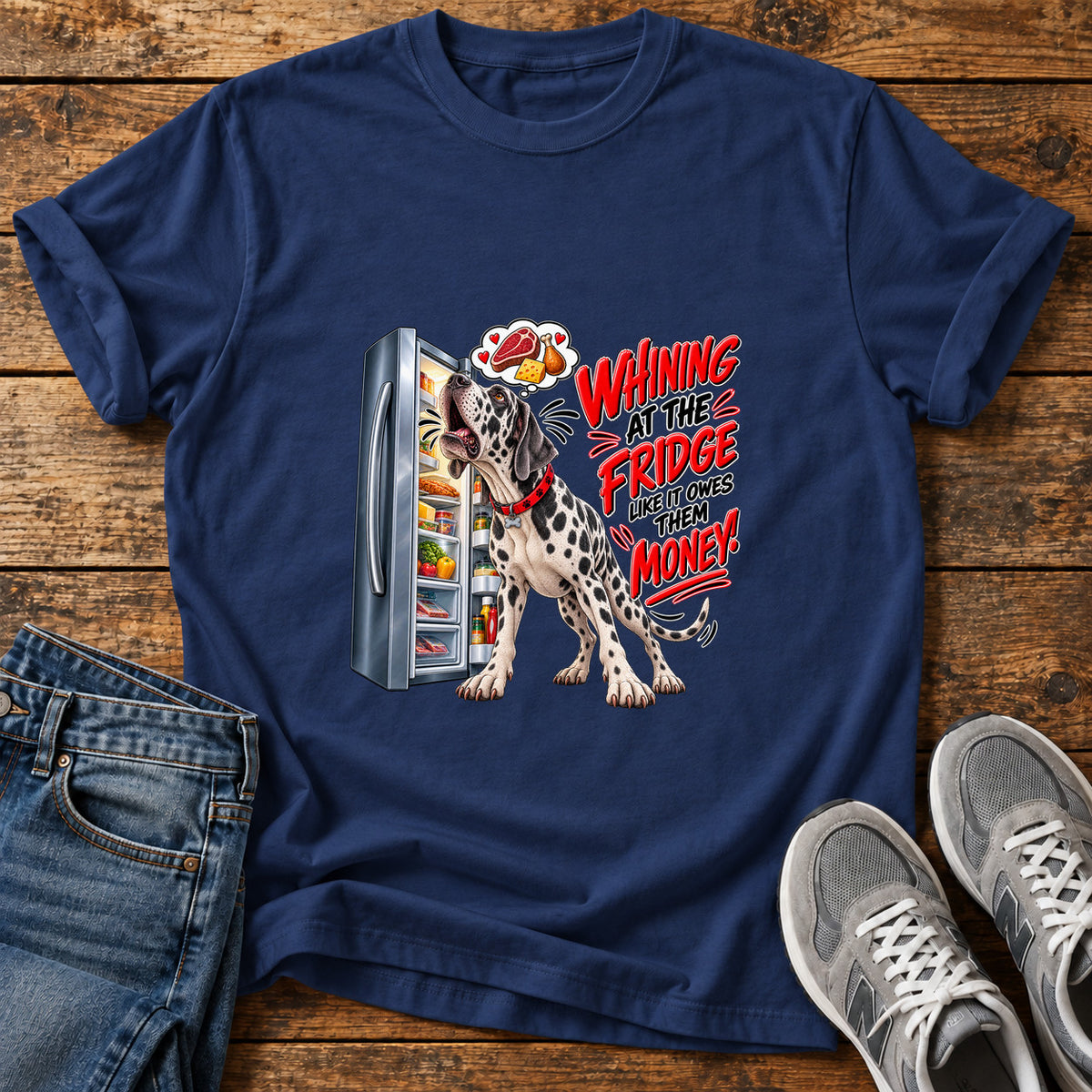 Whining Fridge Dog Great Dane graphic T-shirt in Navy, shown on a flat-lay shirt mockup