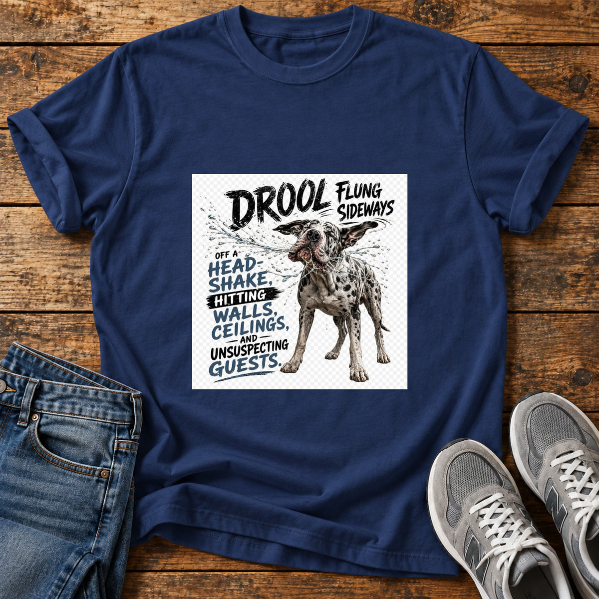 Drool Flung Sideways Great Dane graphic T-shirt in Navy, shown on a flat-lay shirt mockup