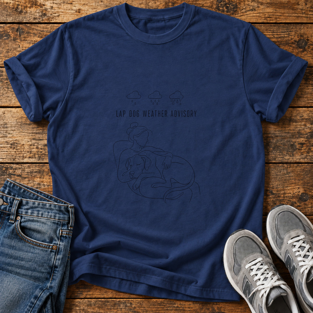 Lap Dog Advisory Great Dane graphic T-shirt in Navy, shown on a flat-lay shirt mockup