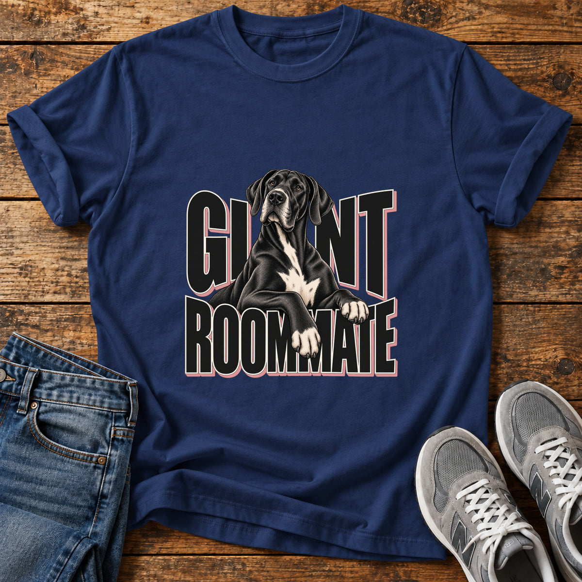 Giant Roommate Great Dane graphic T-shirt in Navy, shown on a flat-lay shirt mockup