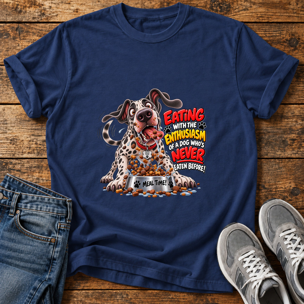 Eating Enthusiasm Great Dane graphic T-shirt in Navy, shown on a flat-lay shirt mockup