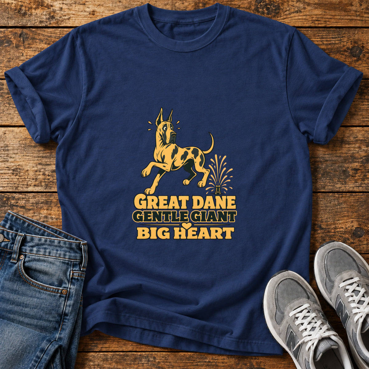 Great Dane Heart graphic T-shirt in Navy, shown on a flat-lay shirt mockup