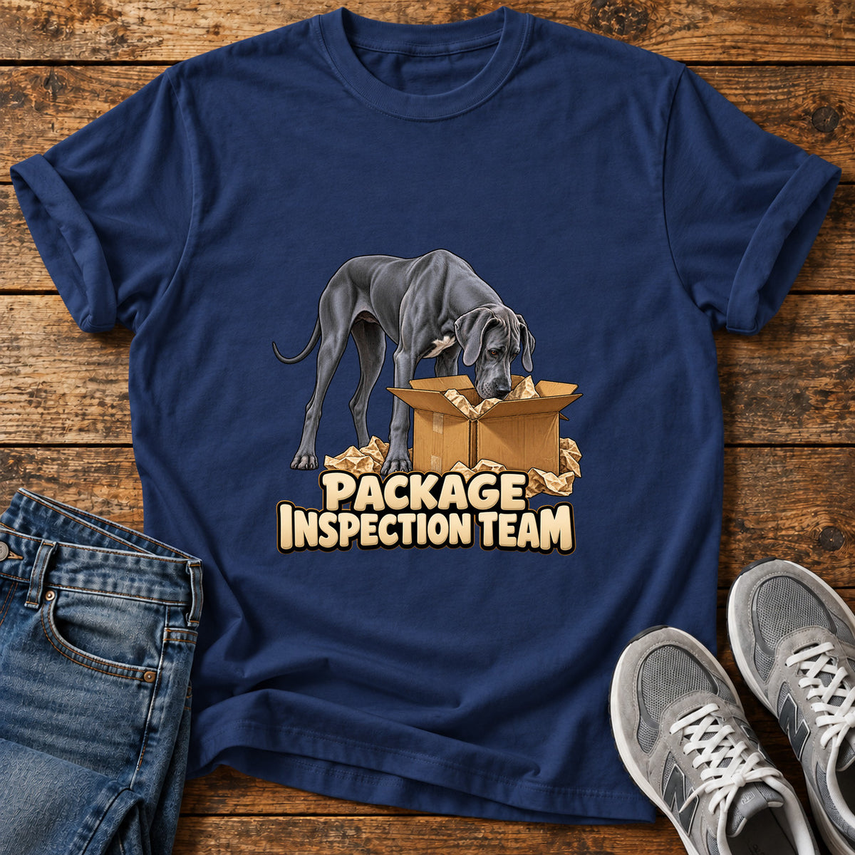 Package Dog Patrol Great Dane graphic T-shirt in Navy, shown on a flat-lay shirt mockup