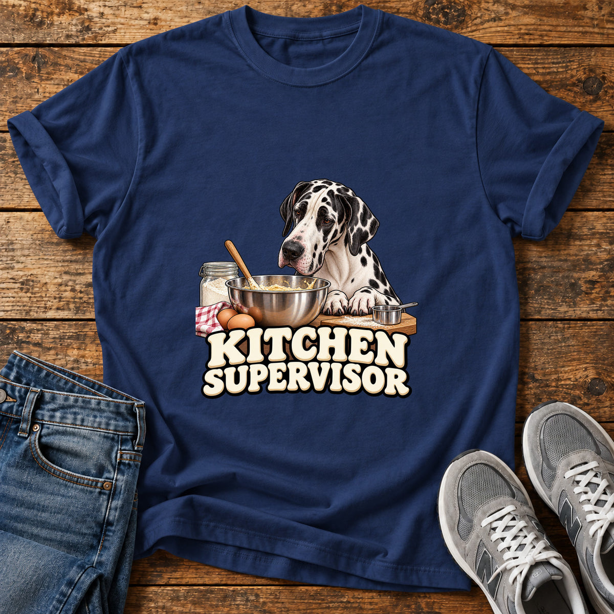Kitchen Supervisor Great Dane graphic T-shirt in Navy, shown on a flat-lay shirt mockup