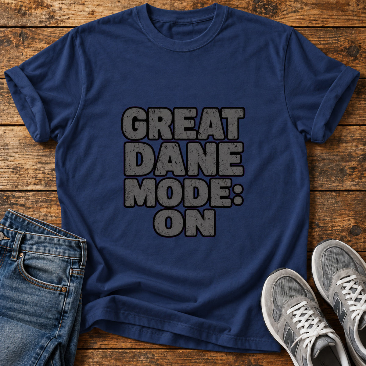 Great Dane Mode graphic T-shirt in Navy, shown on a flat-lay shirt mockup