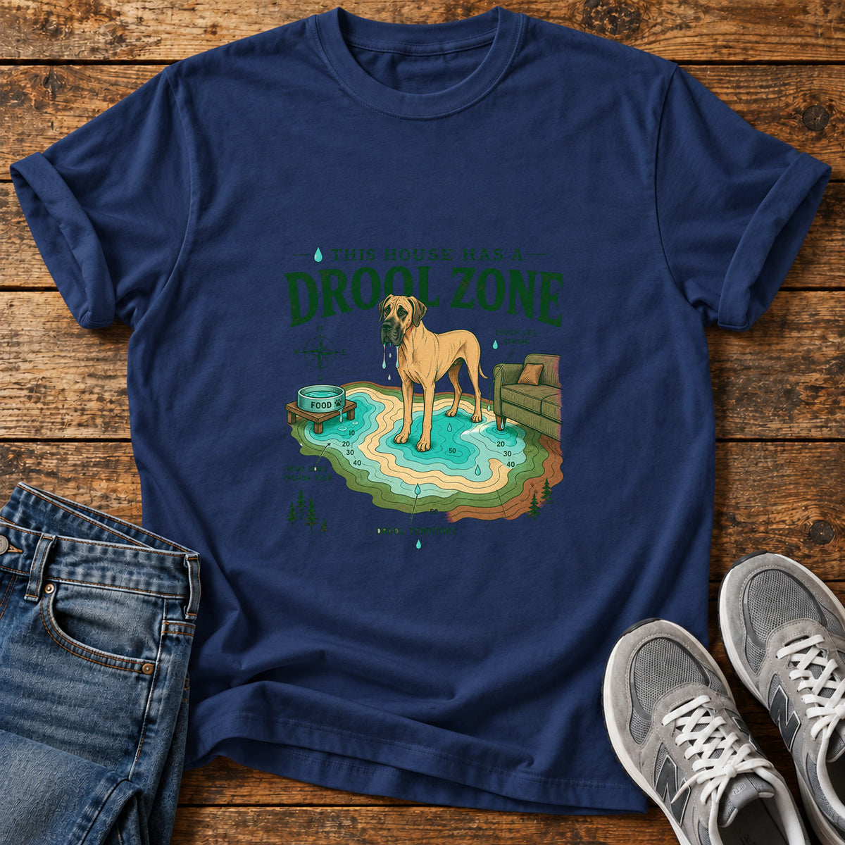 Drool Zone Zone Great Dane graphic T-shirt in Navy, shown on a flat-lay shirt mockup