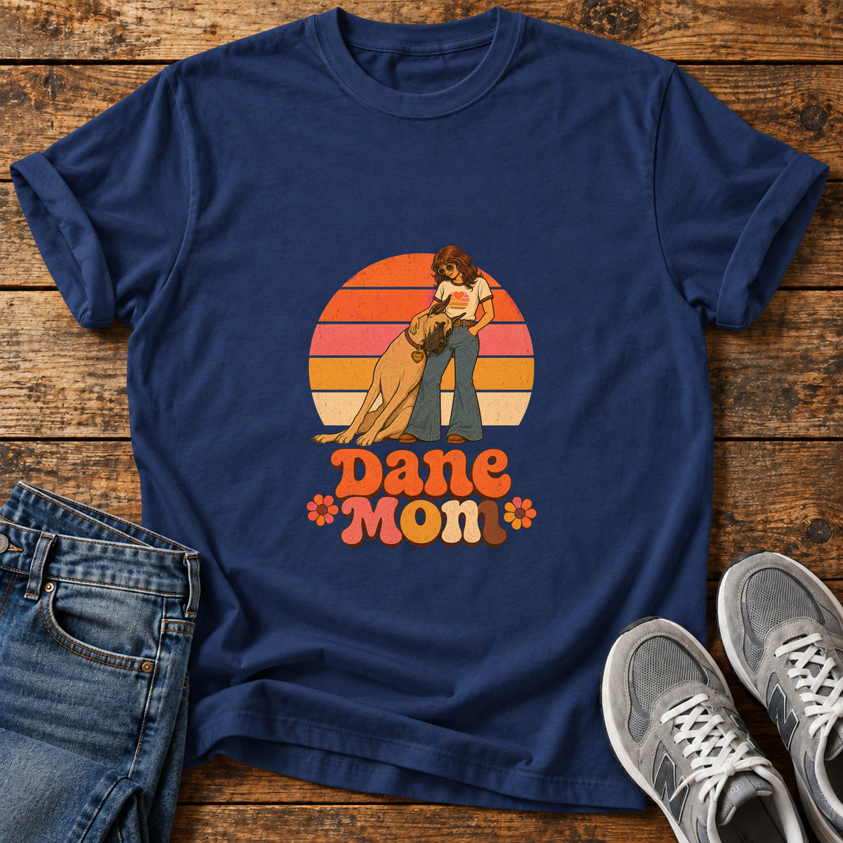 Dane Mom Great Dane graphic T-shirt in Navy, shown on a flat-lay shirt mockup