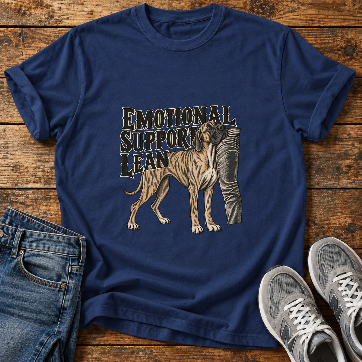 Emotional Support Lean Great Dane graphic T-shirt in Navy, shown on a flat-lay shirt mockup