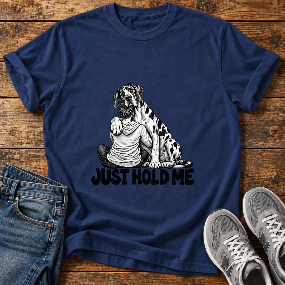 Just Hold Me Great Dane graphic T-shirt in Navy, shown on a flat-lay shirt mockup