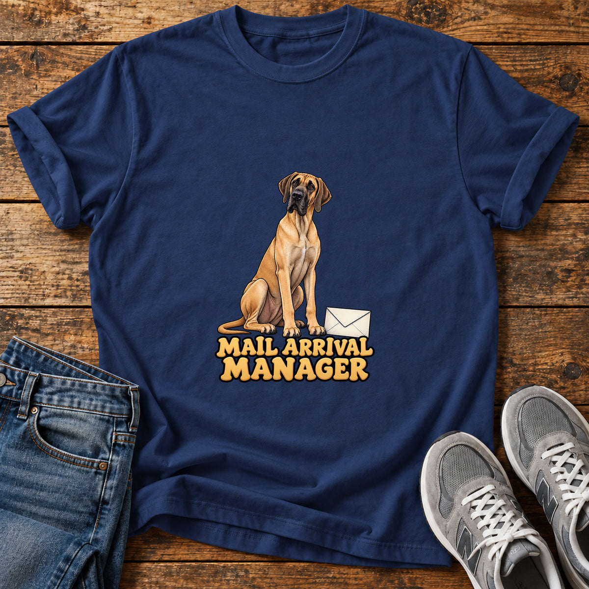 Mail Arrival Manager Great Dane graphic T-shirt in Navy, shown on a flat-lay shirt mockup