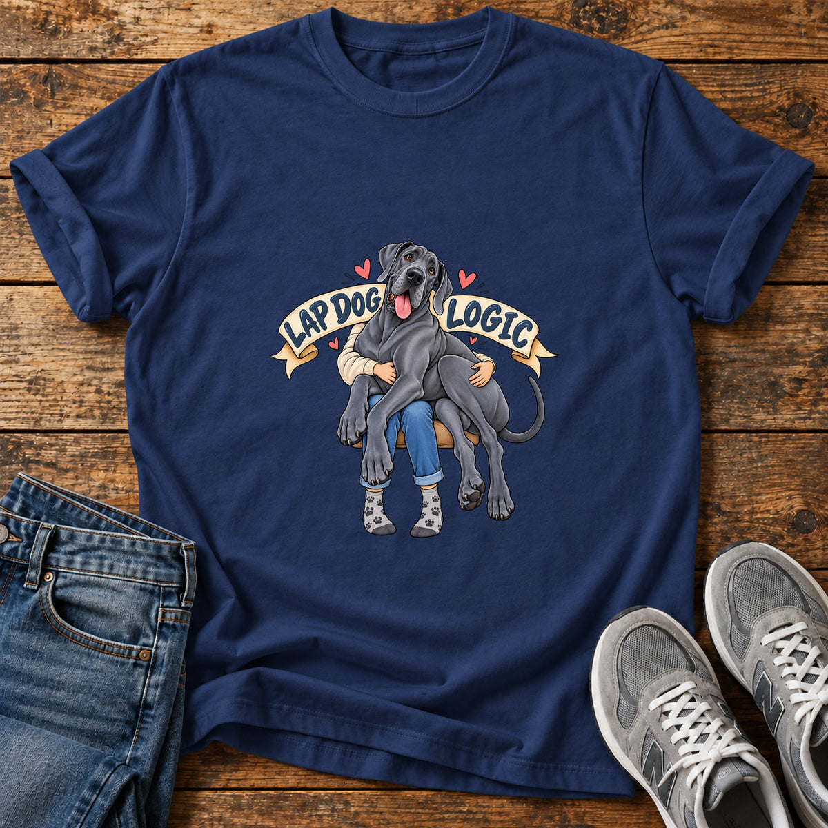 Lap Dog Logic Great Dane graphic T-shirt in Navy, shown on a flat-lay shirt mockup