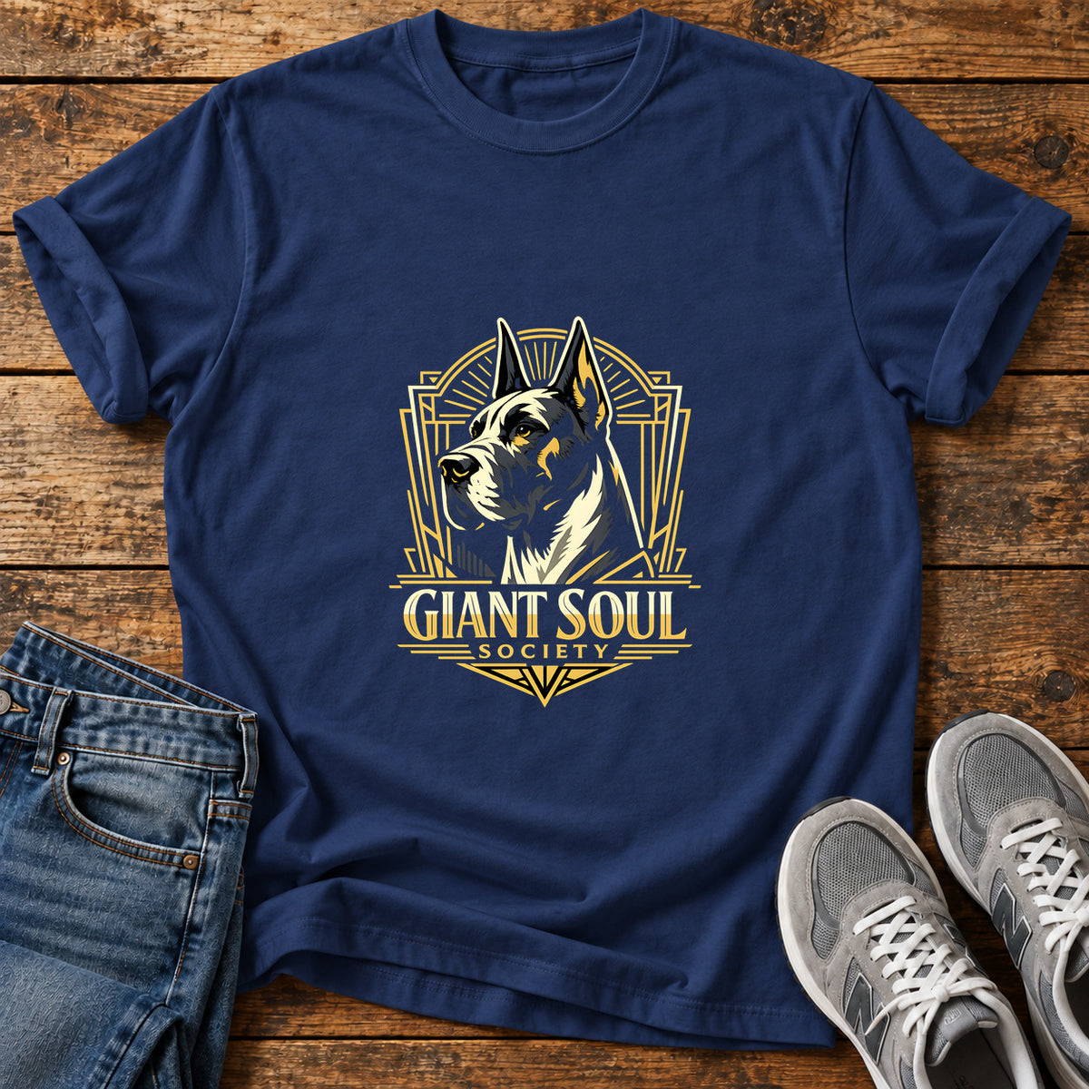 Giant Soul Society Great Dane graphic T-shirt in Navy, shown on a flat-lay shirt mockup