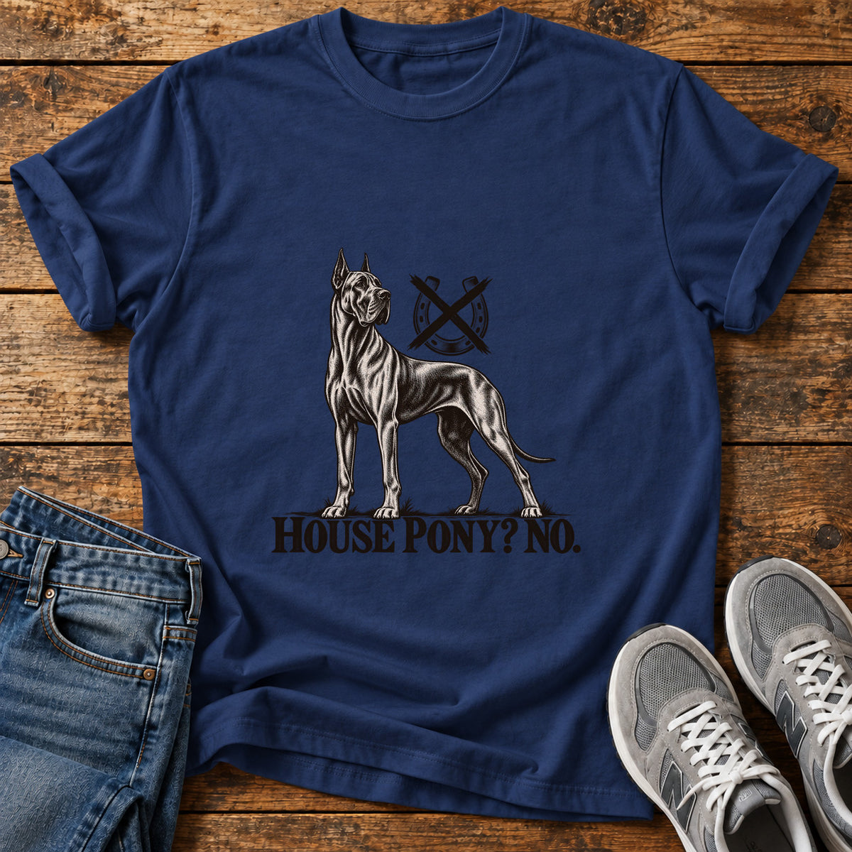 House Pony No Great Dane graphic T-shirt in Navy, shown on a flat-lay shirt mockup