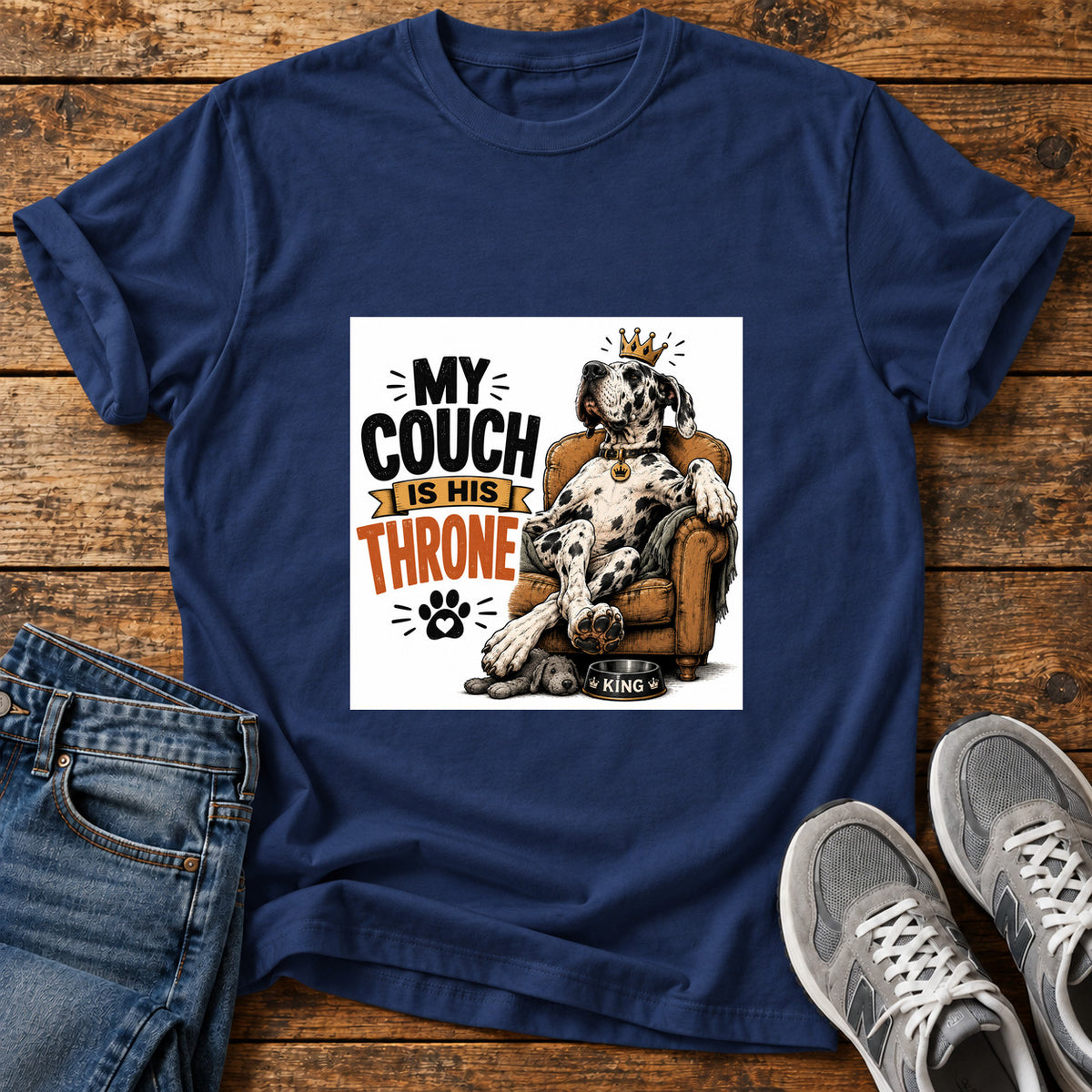 Couch Throne Great Dane graphic T-shirt in Navy, shown on a flat-lay shirt mockup