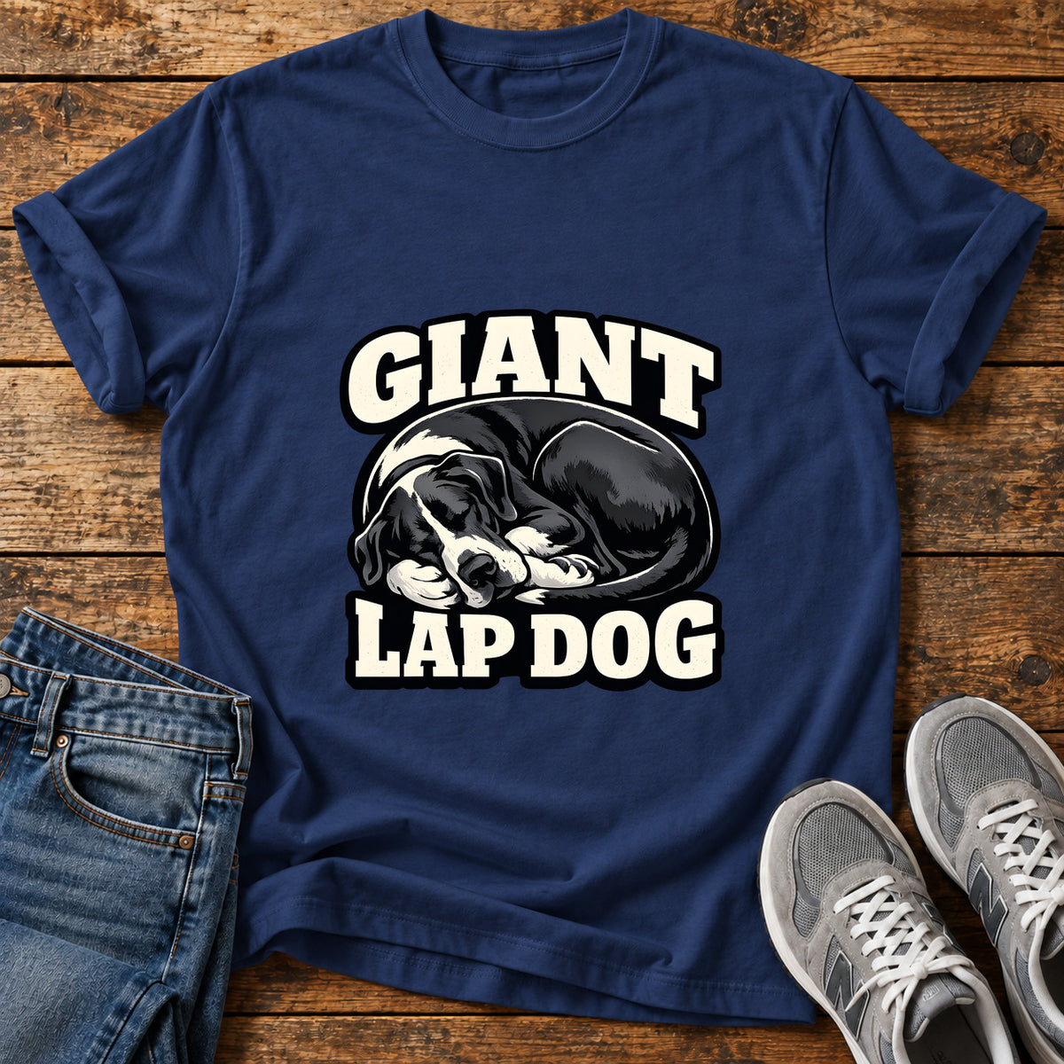Giant Lap Dog Great Dane graphic T-shirt in Navy, shown on a flat-lay shirt mockup