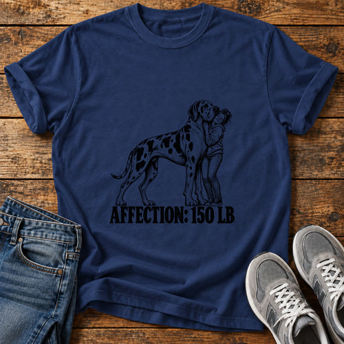 Affection 150 lb Great Dane graphic T-shirt in Navy, shown on a flat-lay shirt mockup