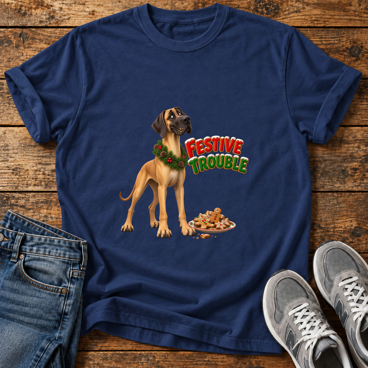 Festive Trouble Great Dane graphic T-shirt in Navy, shown on a flat-lay shirt mockup
