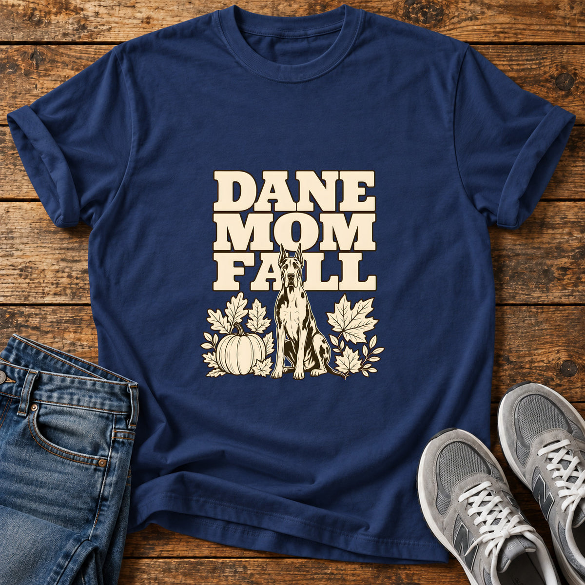 Dane Mom Fall Great Dane graphic T-shirt in Navy, shown on a flat-lay shirt mockup