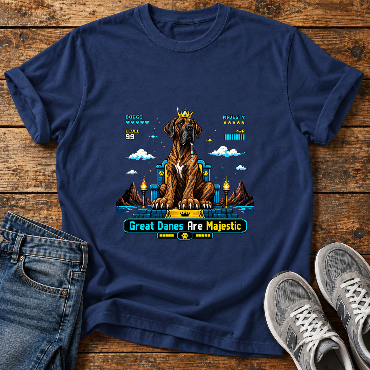 Great Danes Majestic graphic T-shirt in Navy, shown on a flat-lay shirt mockup