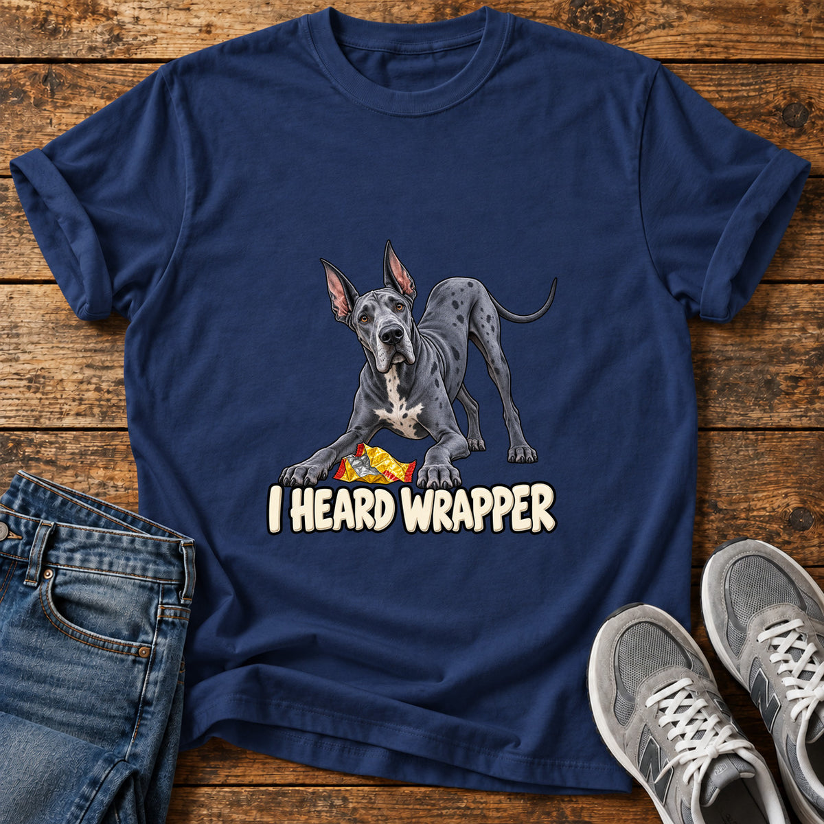 I Heard Wrapper Great Dane graphic T-shirt in Navy, shown on a flat-lay shirt mockup