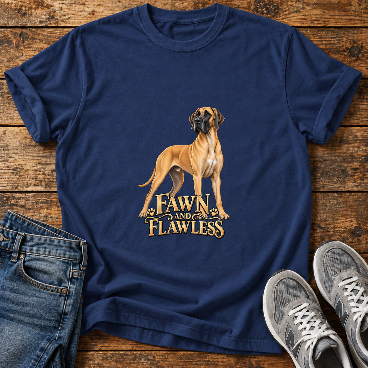 Fawn and Flawless Great Dane graphic T-shirt in Navy, shown on a flat-lay shirt mockup