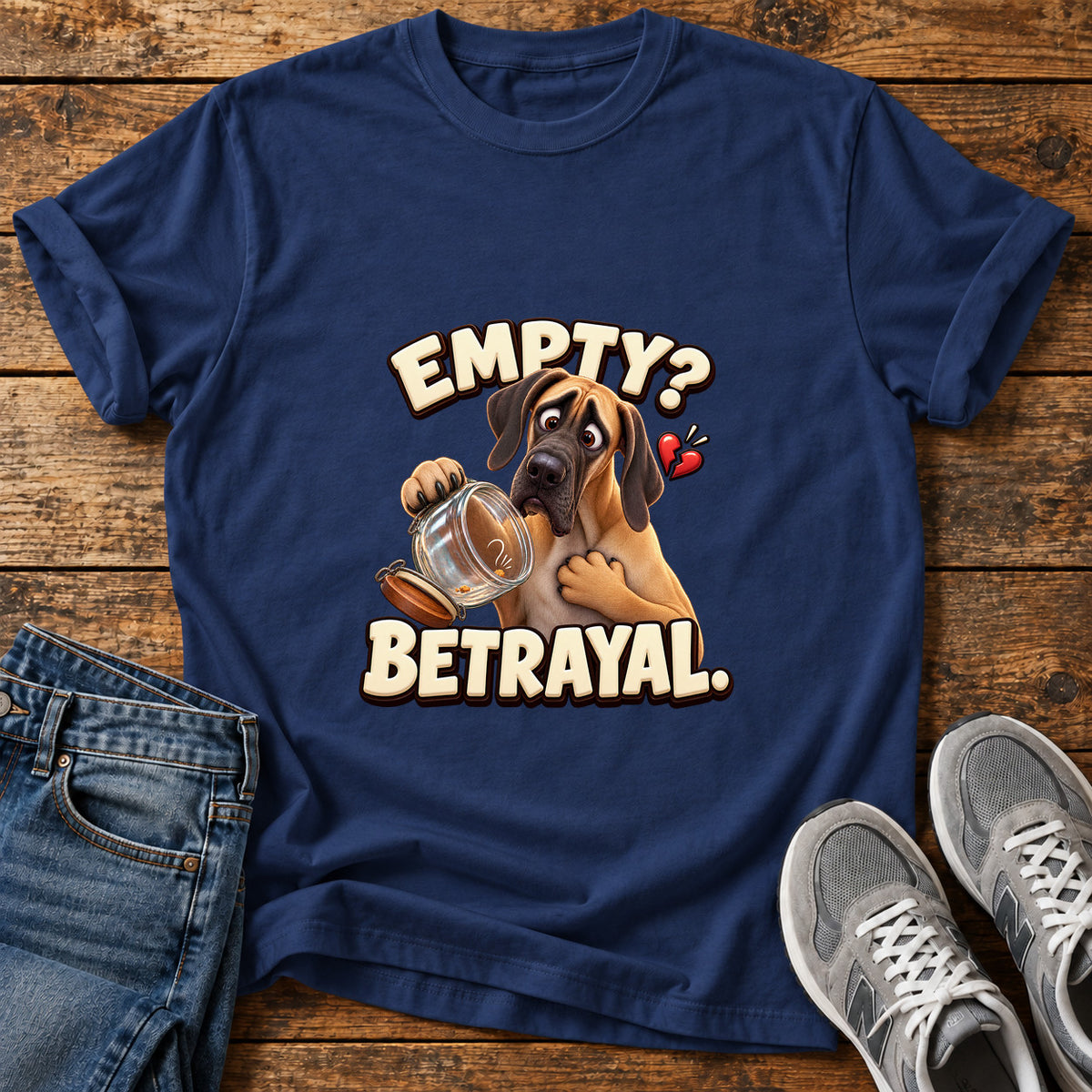 Empty Betrayal Great Dane graphic T-shirt in Navy, shown on a flat-lay shirt mockup