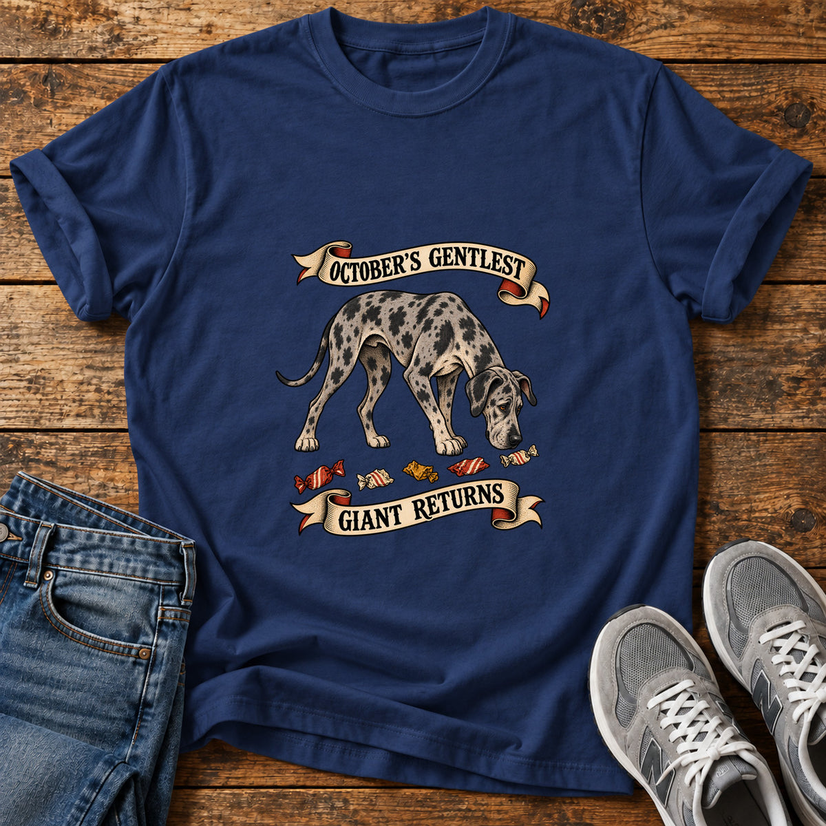 October's Gentlest Great Dane graphic T-shirt in Navy, shown on a flat-lay shirt mockup