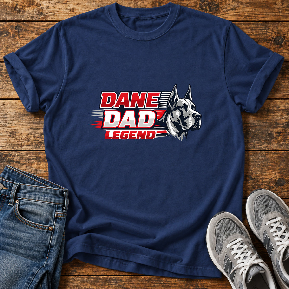 Dane Dad Legend Great Dane graphic T-shirt in Navy, shown on a flat-lay shirt mockup