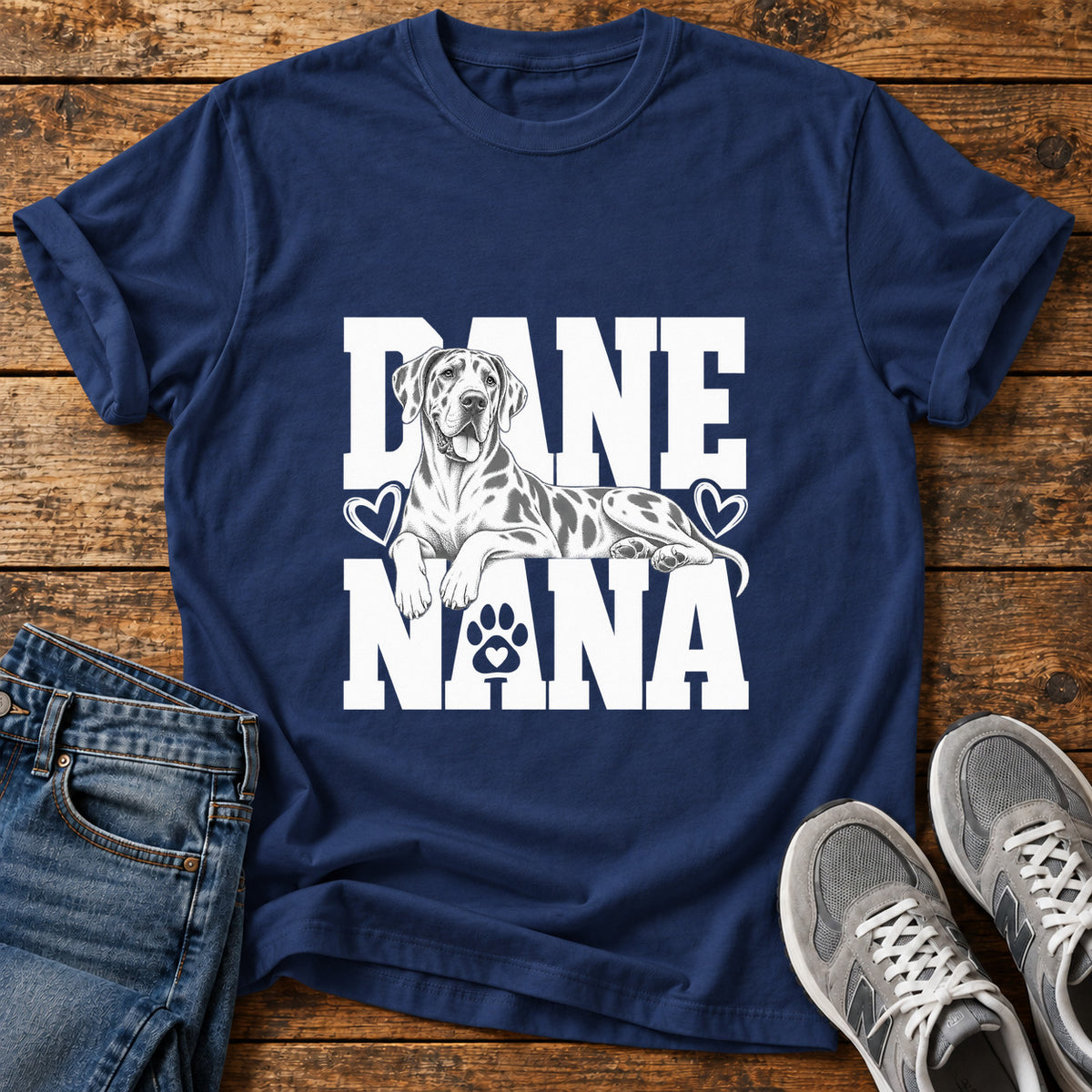 Dane Nana Great Dane graphic T-shirt in Navy, shown on a flat-lay shirt mockup