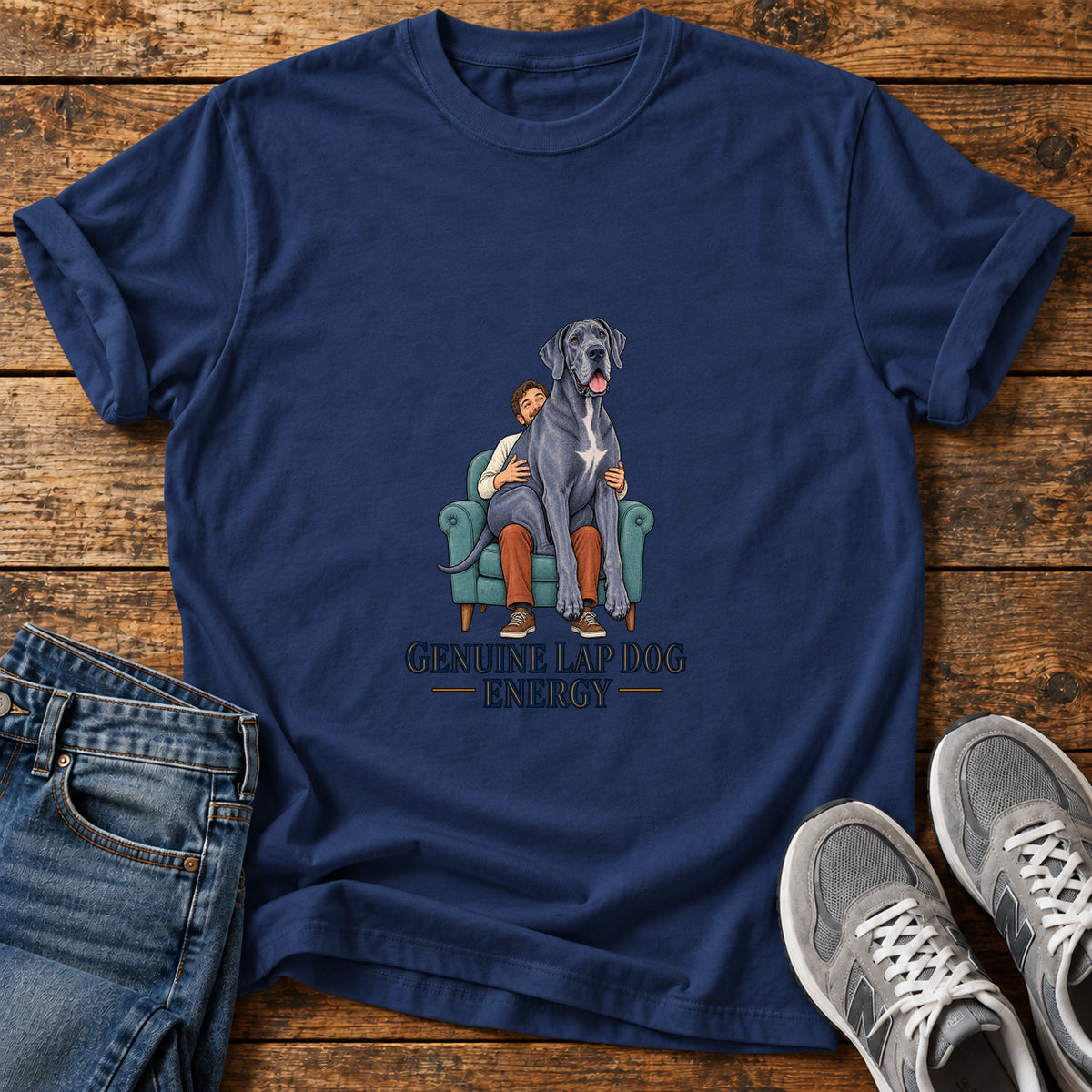 Genuine Lap Energy Great Dane graphic T-shirt in Navy, shown on a flat-lay shirt mockup