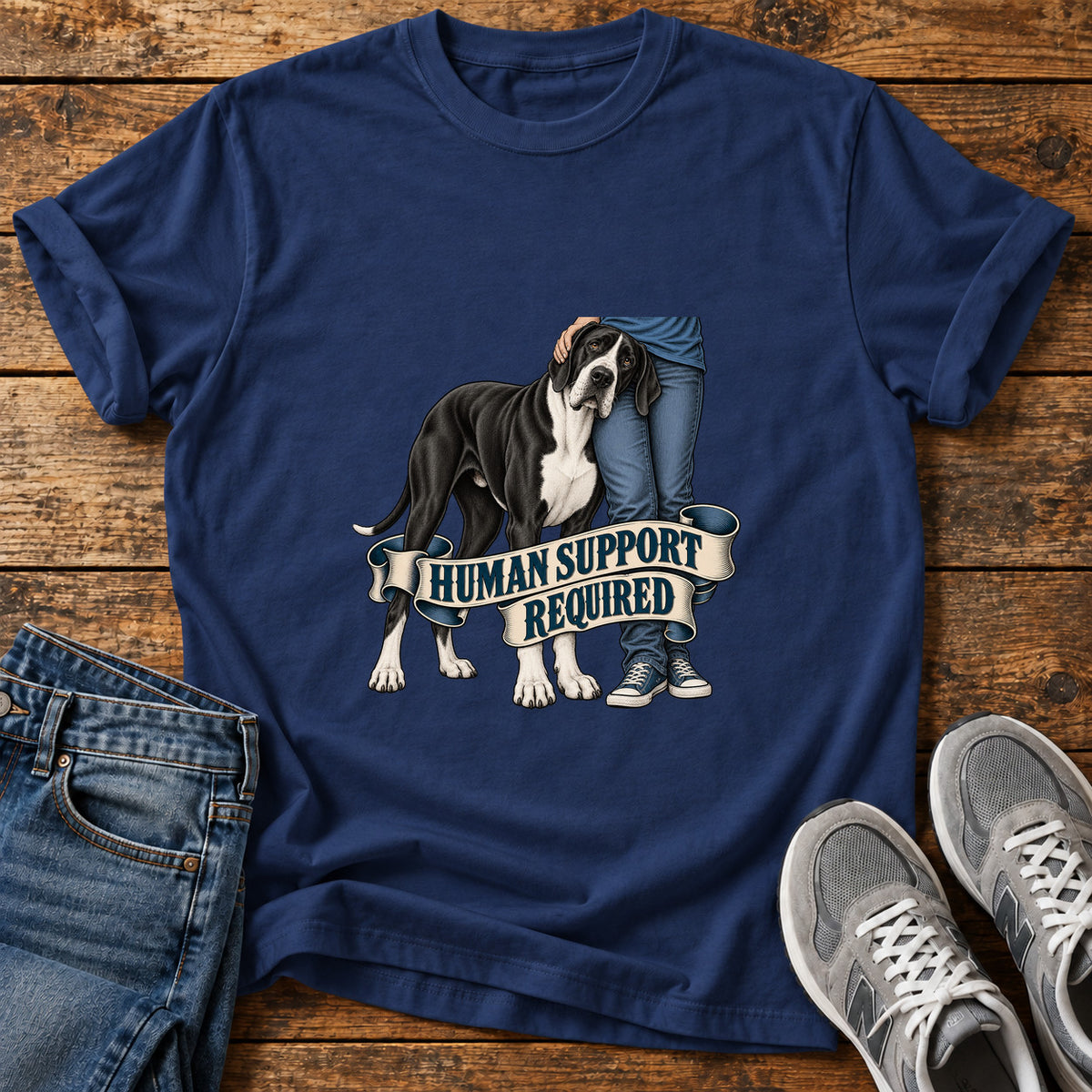 Human Support Required Great Dane graphic T-shirt in Navy, shown on a flat-lay shirt mockup