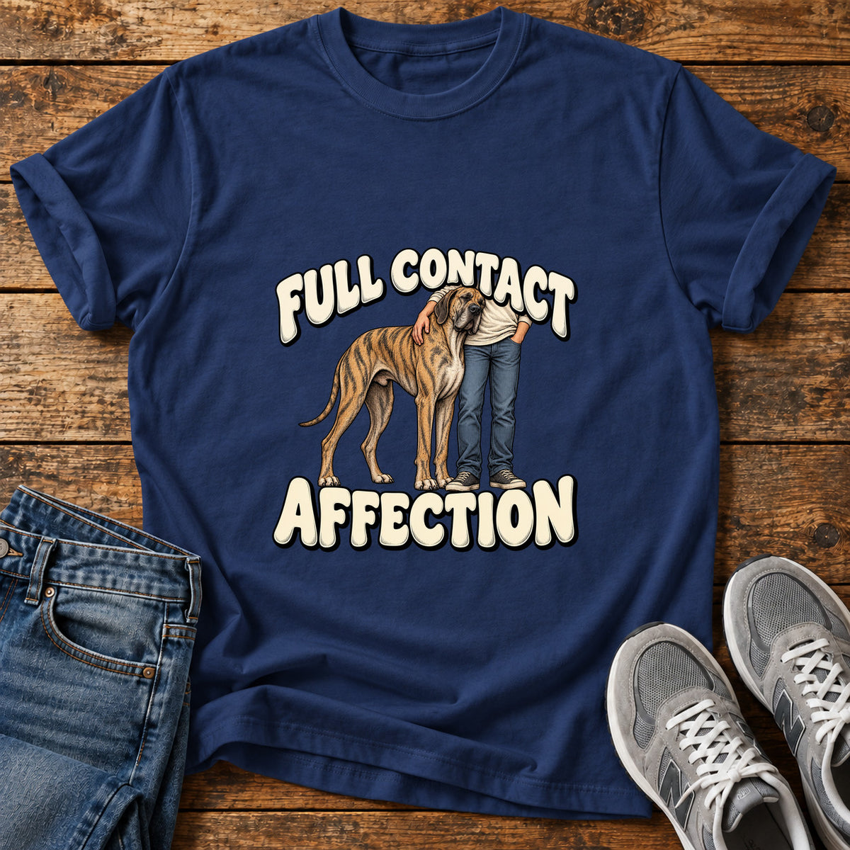 Full Contact Affection Great Dane graphic T-shirt in Navy, shown on a flat-lay shirt mockup