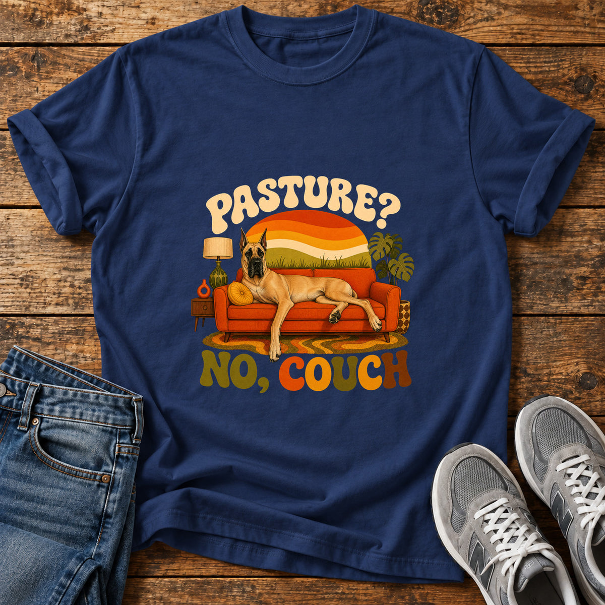 Pasture No Couch Great Dane graphic T-shirt in Navy, shown on a flat-lay shirt mockup
