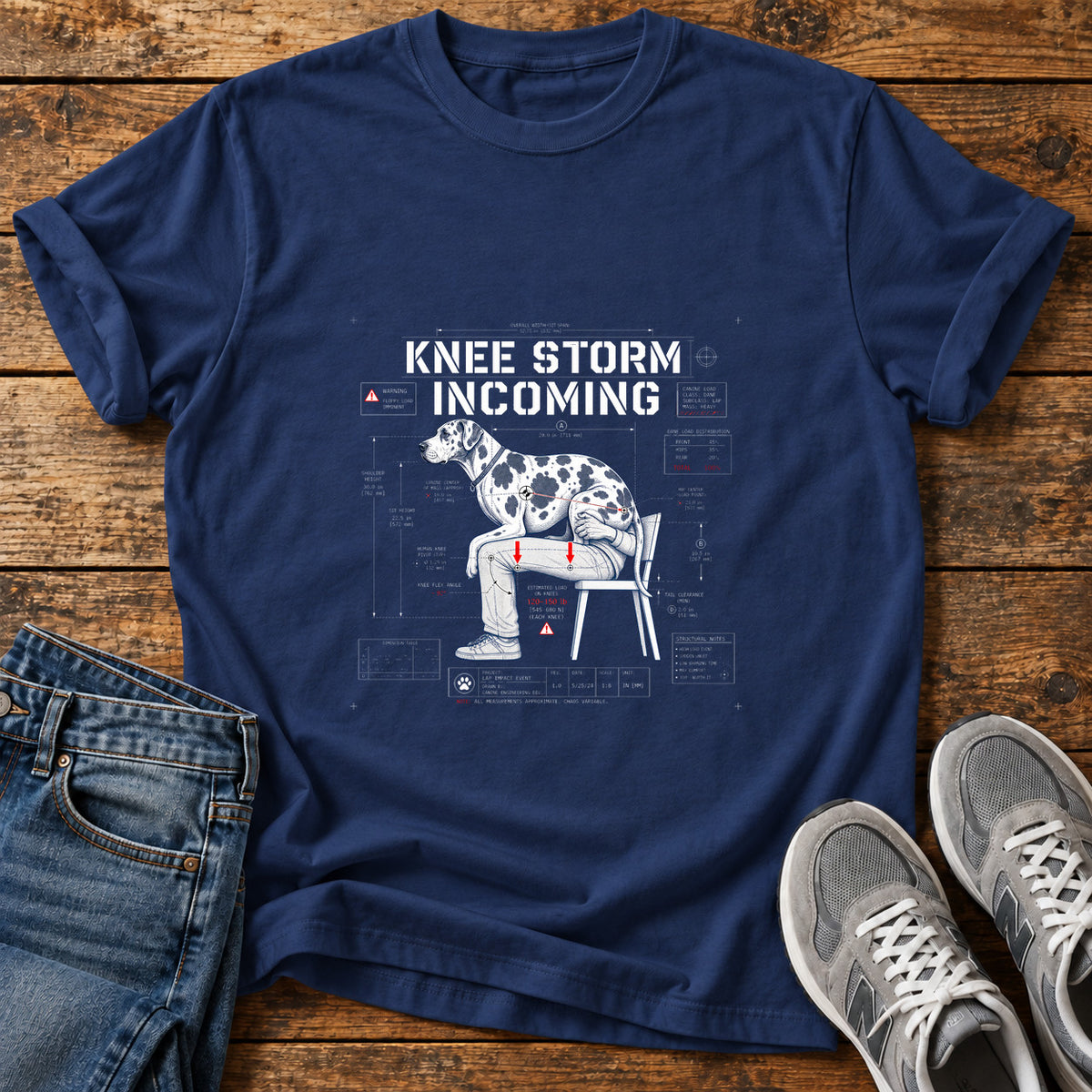 Knee Storm Incoming Great Dane graphic T-shirt in Navy, shown on a flat-lay shirt mockup