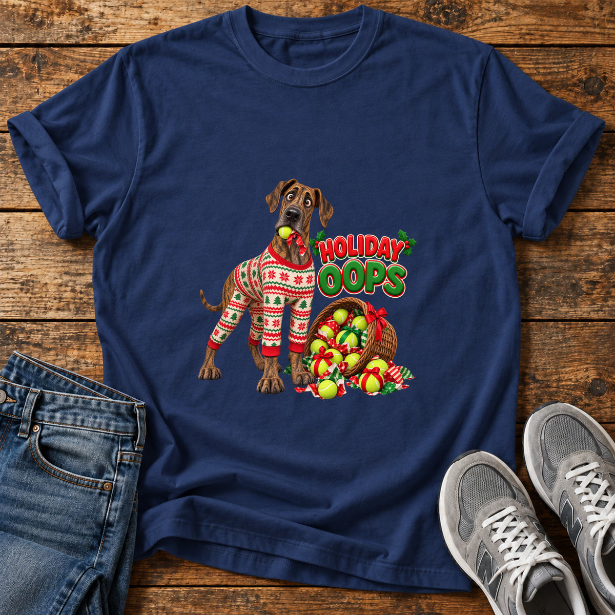 Holiday Oops Great Dane graphic T-shirt in Navy, shown on a flat-lay shirt mockup