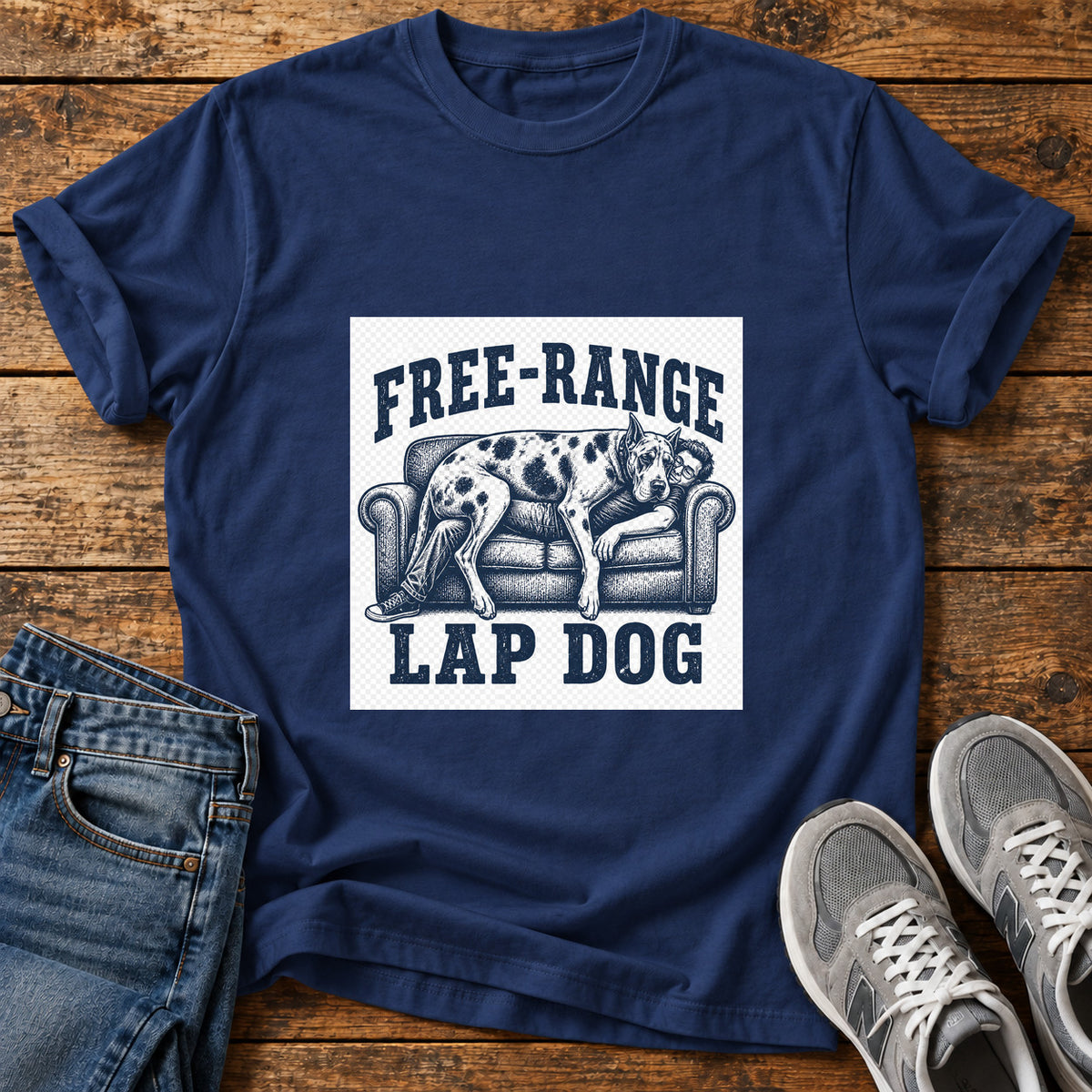Free-Range Lap Dog Great Dane graphic T-shirt in Navy, shown on a flat-lay shirt mockup