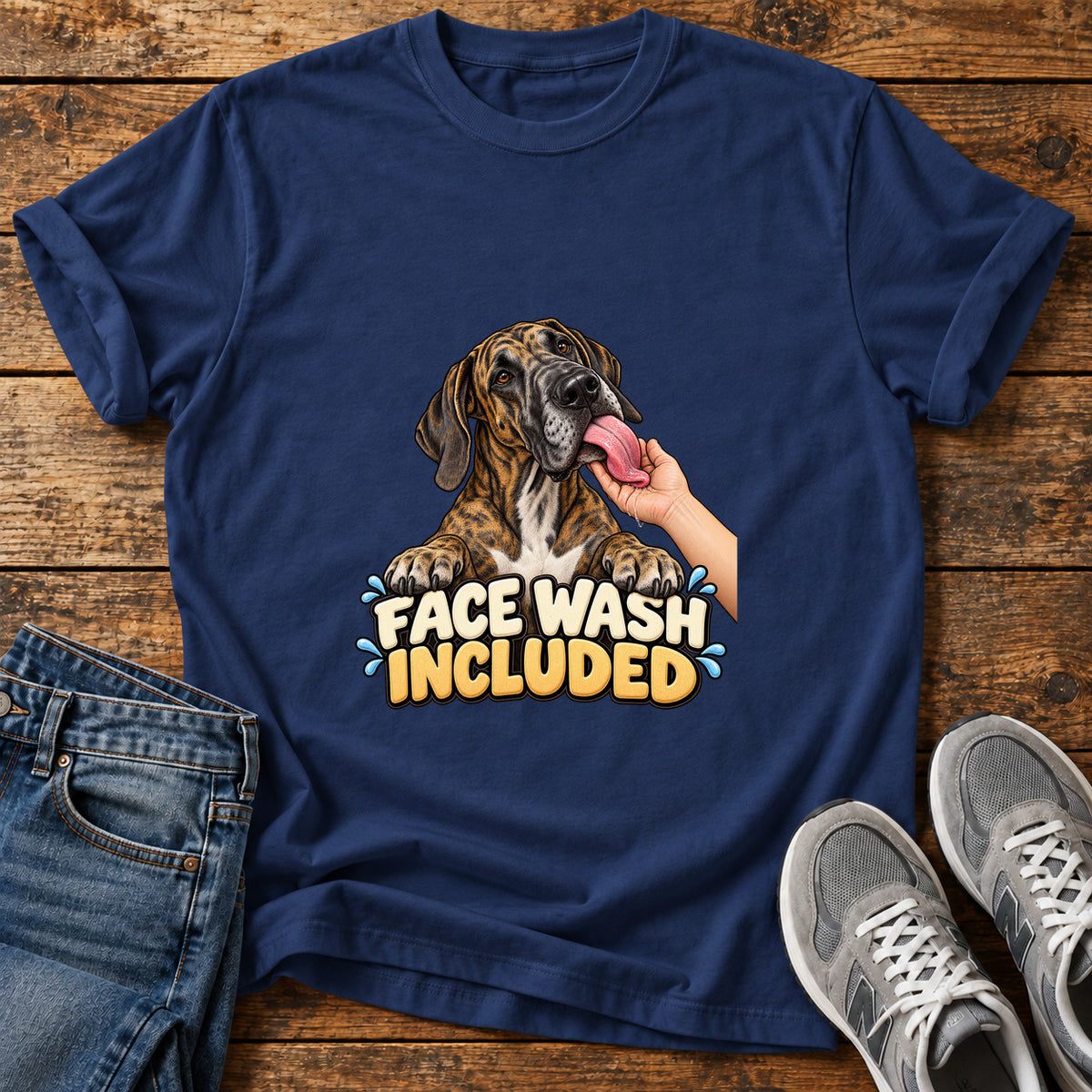 Face Wash Included Great Dane graphic T-shirt in Navy, shown on a flat-lay shirt mockup