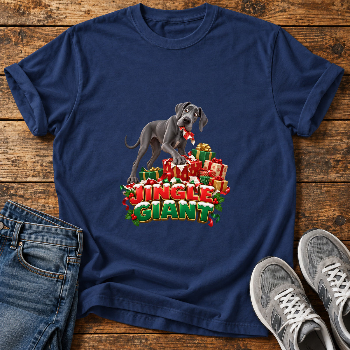 Jingle Giant Great Dane graphic T-shirt in Navy, shown on a flat-lay shirt mockup