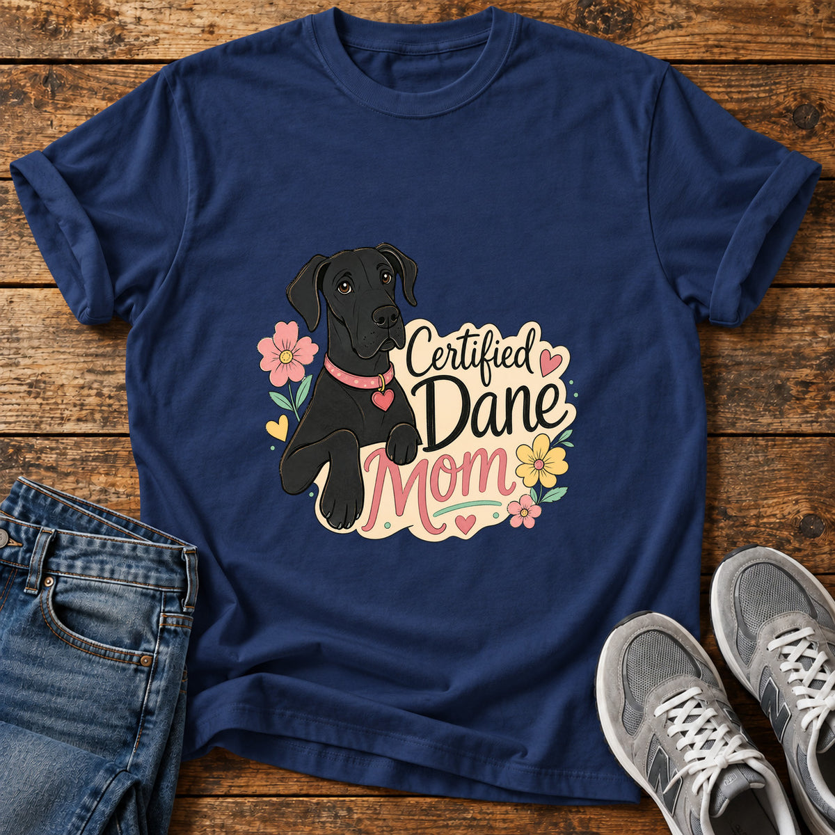 Certified Dane Mom Great Dane graphic T-shirt in Navy, shown on a flat-lay shirt mockup