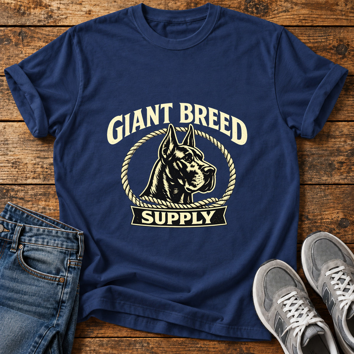 Giant Breed Supply Great Dane graphic T-shirt in Navy, shown on a flat-lay shirt mockup