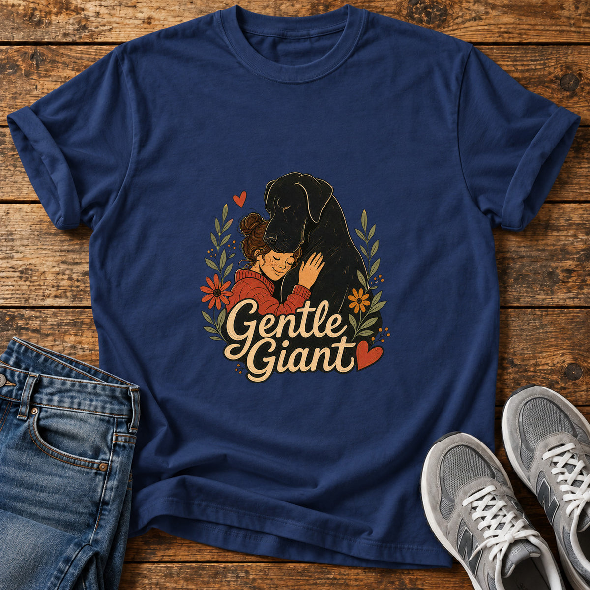 Gentle Giant Great Dane graphic T-shirt in Navy, shown on a flat-lay shirt mockup