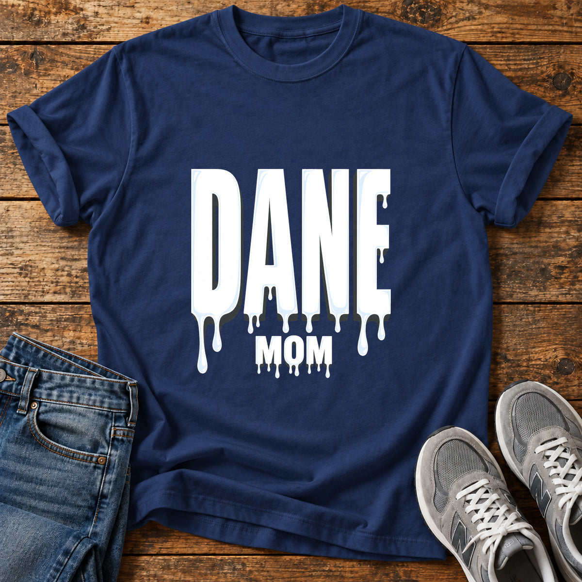 Dane Mom Great Dane graphic T-shirt in Navy, shown on a flat-lay shirt mockup