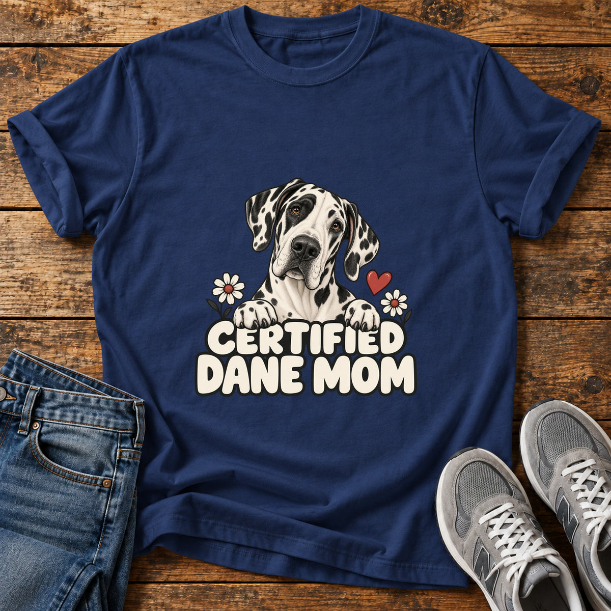 Certified Dane Mom Great Dane graphic T-shirt in Navy, shown on a flat-lay shirt mockup