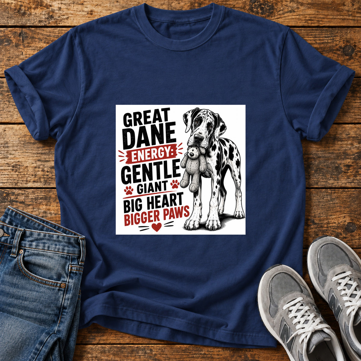 Great Dane Energy graphic T-shirt in Navy, shown on a flat-lay shirt mockup