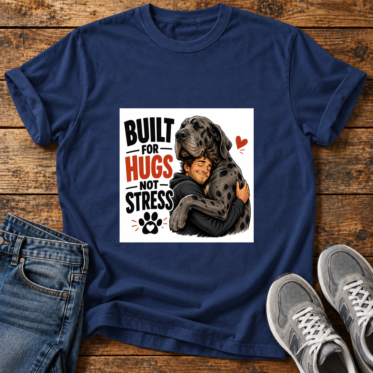 Built For Hugs Great Dane graphic T-shirt in Navy, shown on a flat-lay shirt mockup